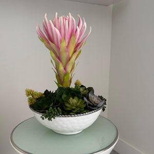 Succulent arrangement, centerpiece, succulents, tropical flowers