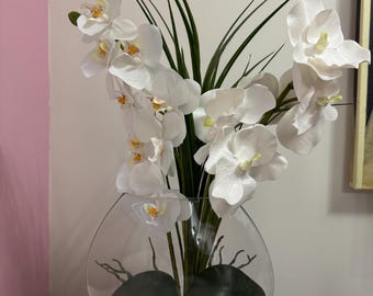 Real Touch White Orchid Arrangement, Faux Floral Centerpiece, Glass Vase