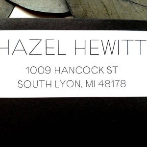 Custom minimalist return address labels with modern minimalist text. Available in white or clear labels.