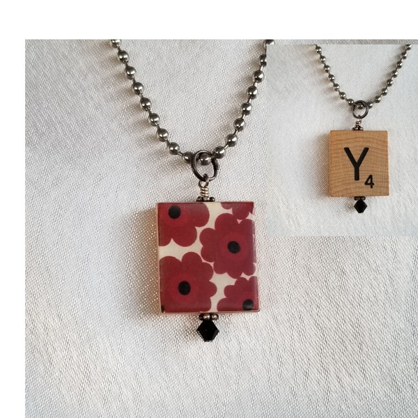 Reversible Pendant Necklace, Scrabble Tile Red Floral or Initial Y, Game Piece Necklace, Yolanda Yvette Yvonne Jewelry Gifts