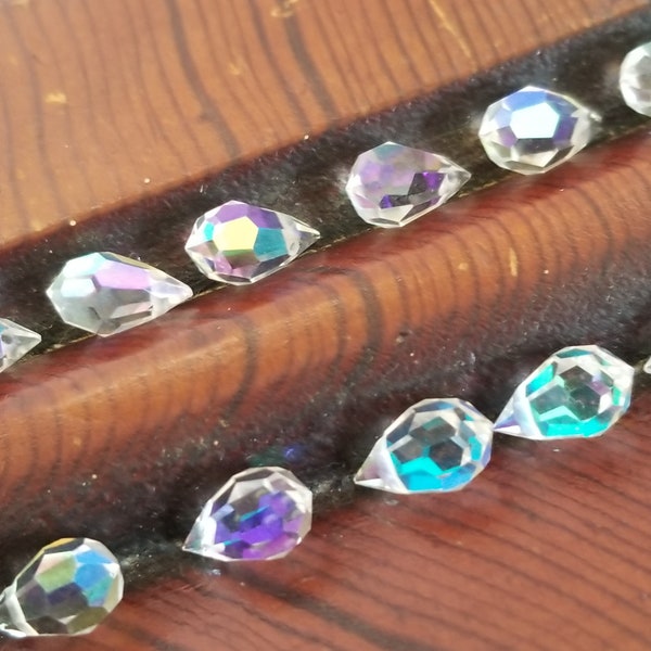Czech 10mm AB Crystal Briolette Drop Beads, Aurora Borealis, Set of 12, Side Drilled, Pointy Top, Crystal Teardrop Beads,