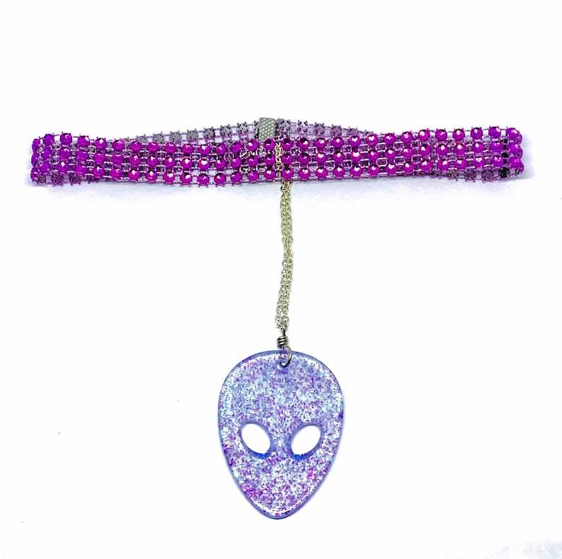 Purple Rhinestone Choker with Chained Glitter Alien