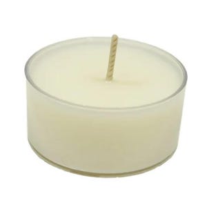 May include: A white tea light candle in a clear glass container with a wick.