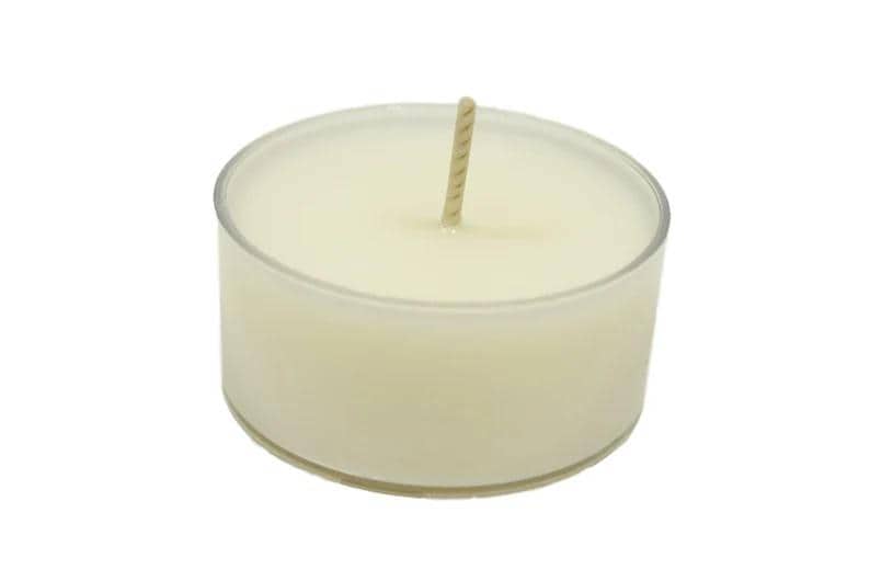 May include: A white tea light candle in a clear glass container with a wick.