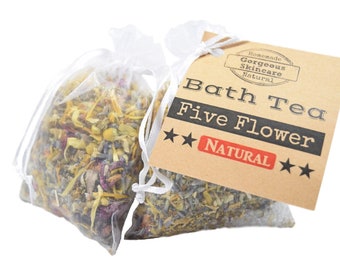 Five Flower Bath Tea Bag - Tub Tea, Floral Bath Soak, Relaxation Body Soak Elder Flowers, Rose, Lavender, Chamomile, Calendula, Epsom Salt