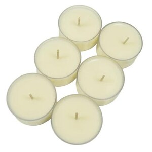 May include: A set of six white tea light candles in clear plastic containers. The candles are arranged in a circular pattern.