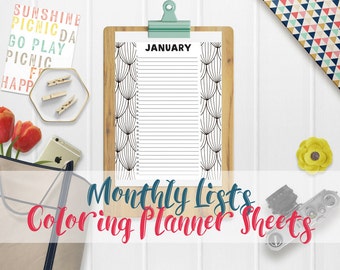 Monthly Lists Coloring Planner Sheets | Coloring Book Style | Monthly Organizer | PDF Instant Download | Printable Planner