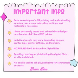 May include: A pink, rectangular graphic with the text "Important Info" in purple. The text provides information about 3D printing, printer settings, and digital files. The graphic includes star and cloud illustrations and the signature "Frida Bae."