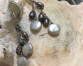 Estate gray nucleated , freshwater coin pearl Sterling silver dangle earrings 925 silver pearl earrings. 925 silver jewelry SE 20