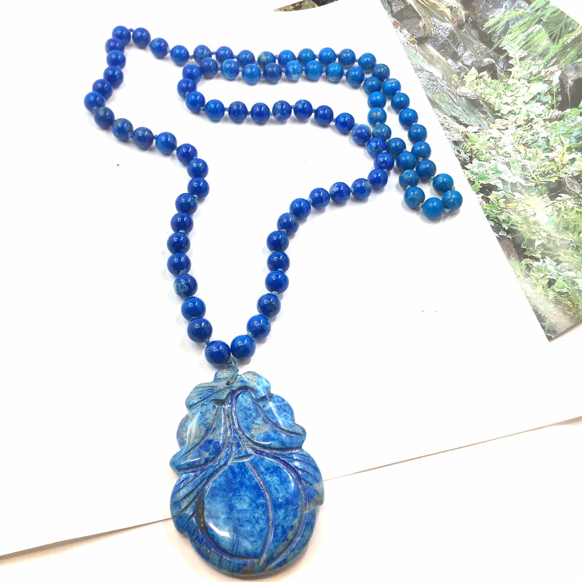 Vtg Carved Genuine Lapis Lazuli Pendant Beaded Stone Necklace. Etsy UK