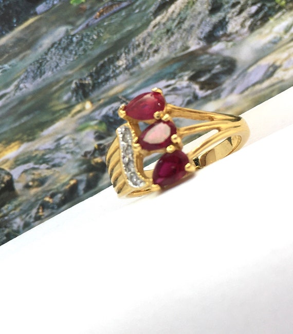 Vintage Diamond accent ruby gold plate ring size … - image 2