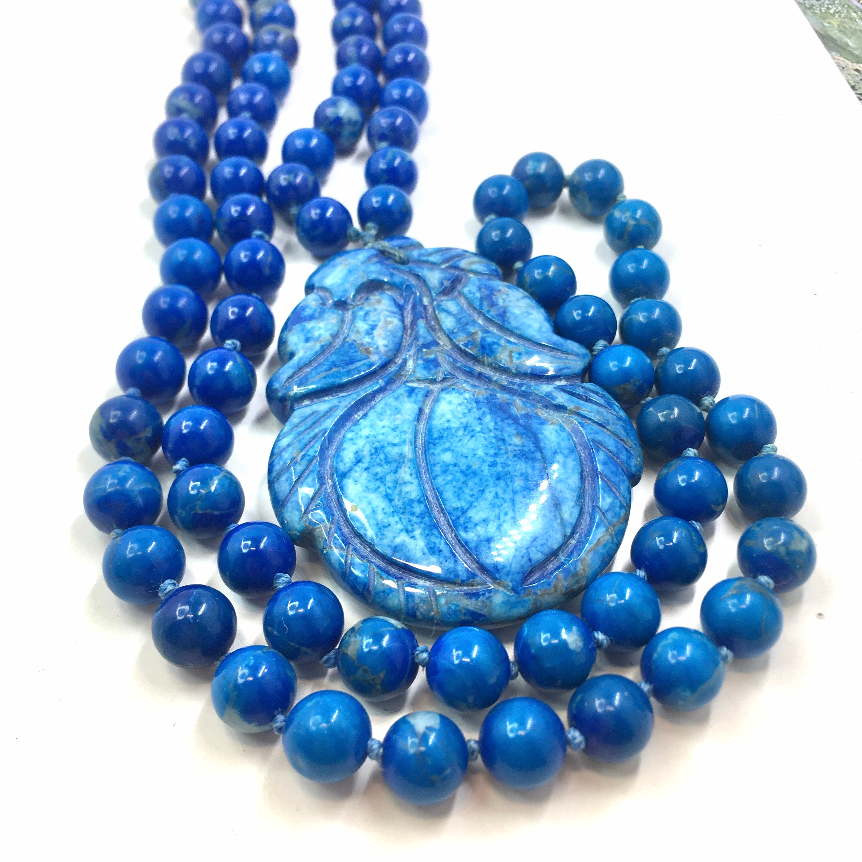 Vtg Carved Genuine Lapis Lazuli Pendant Beaded Stone Necklace. - Etsy UK