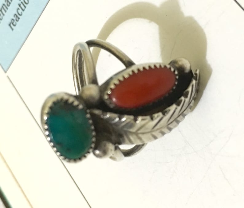 vintage Navajo sterling silver coral turquoise feather ring sz 6,5 silver ring 925 silver jewelry gemstone ring