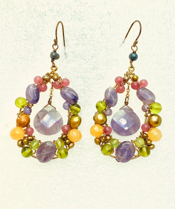 Handmade natural gemstone colorful earrings. Hand… - image 1