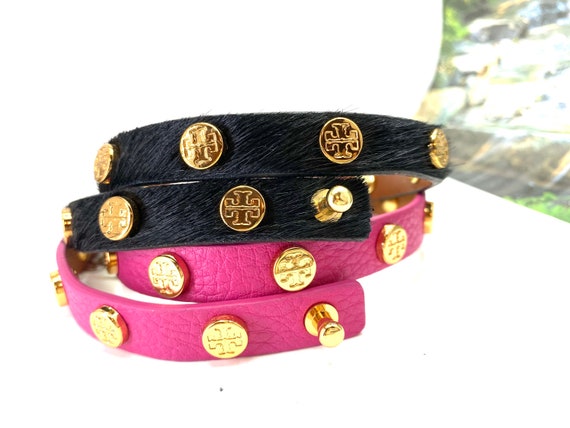 Tory Burch Logo Black Calf Hair /pink Leather Wrap Bracelet. - Etsy New Zealand Tory Burch Logo Black Calf Hair /pink Leather Wrap Bracelet. - Etsy New Zealand