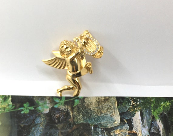 Vtg designer Givenchy angel rhinestone gold-t  br… - image 2