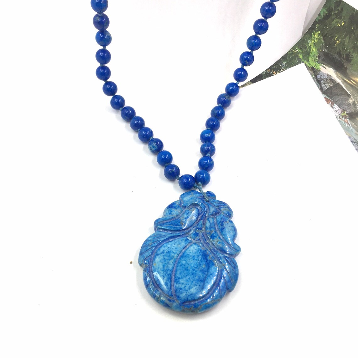Vtg Carved Genuine Lapis Lazuli Pendant Beaded Stone Necklace. Etsy UK