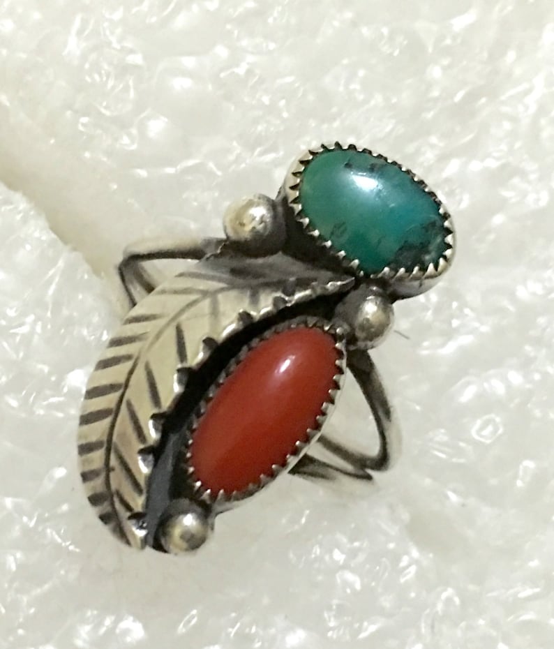 vintage Navajo sterling silver coral turquoise feather ring sz 6,5 silver ring 925 silver jewelry gemstone ring
