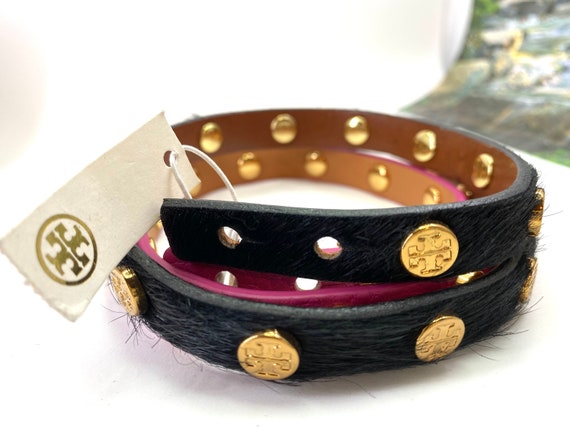 Tory Burch Logo Black Calf Hair /pink Leather Wrap Bracelet. - Etsy New Zealand Tory Burch Logo Black Calf Hair /pink Leather Wrap Bracelet. - Etsy New Zealand