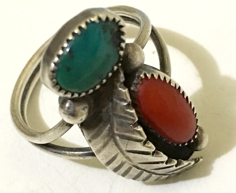 vintage Navajo sterling silver coral turquoise feather ring sz 6,5 silver ring 925 silver jewelry gemstone ring