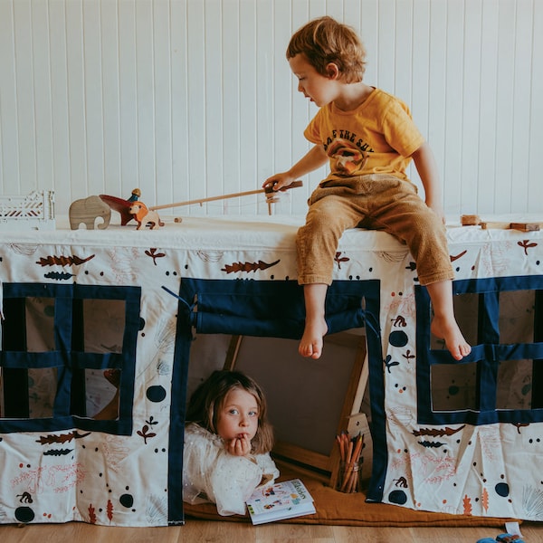 Couverture Fort Cubby House, tente de jeu en tissu pour intérieur, tente de jeu pour enfant, tente de table, nappe pour maison de jeu, anniversaire d'enfants, coton bio