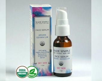 Organic Vegan FACE SERUM: Argan Geranium for Dry Skin - Made in Massachusetts