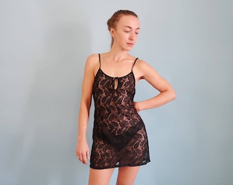 Black Lace Slip Dress/Lingerie Dress with Key Hole Cutout