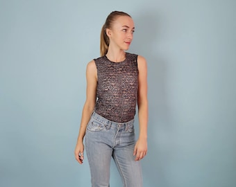 90s Dark Grey Floral Lace Tank/Semi Sheer Floral Top