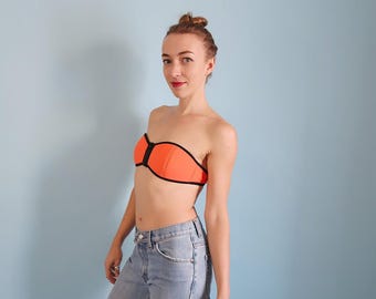 des années 80 Top lumineux Orange Bikini/bustier avec fermeture à glissière noir