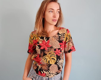 Satin Micro Pleat 90s Grunge Top, 90s Floral Blouse, 90s Grunge Clothing, Pleats Please