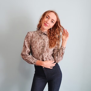 Vintage Pale Grey Patterned Long Sleeve Blouse