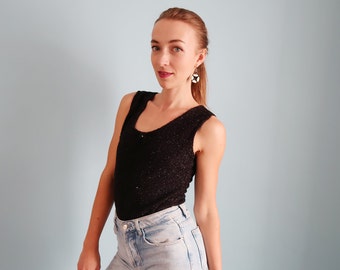 Sparkly Black 90s Tank Top with Bow