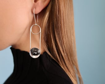 Silver Statement Earring with Dome and Black Pearl