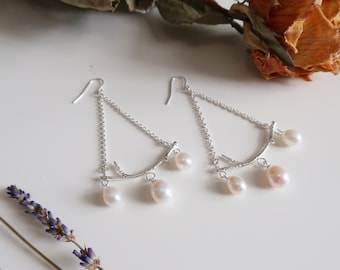 Gorgeous Silver Chandelier Twig Earrings with Pearls, Twig Jewelry, Cocktail Earrings, Handmade Jewelry