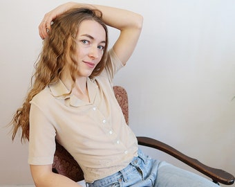 Sheer/Mesh Beige 90s ESPRIT Blouse with Short Sleeves and Floral Embroidery