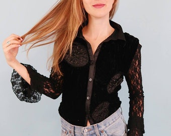 Gorgeous Black Velvet Blouse with Lace Flared Sleeves, See Through Blouse, 90s Blouse,