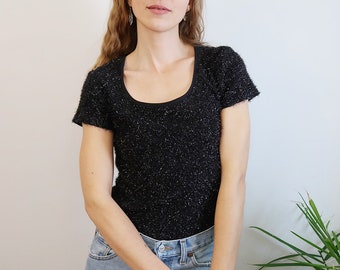 Sparkly and Fuzzy Black 90s Tee with Scoop Neck