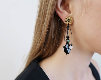 Gold Flower and Black Bead Dangly Asian Earrings