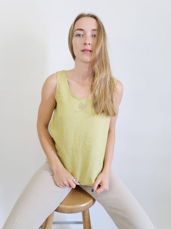 Beautiful Chartreuse Green Linen Tank Top, 90s Ta… - image 2