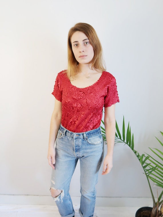Red Satin Micro Pleat T-Shirt, Pleats Please, 90s… - image 2