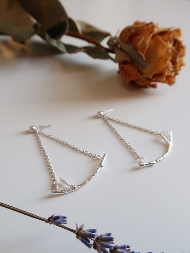 Silver Branch Chandelier Earrings, Twig Earrings, Twig Jewelry, Delicate Chain Earrings image 2