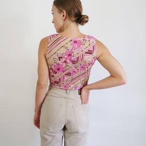 90s Beige Tank Top with Pink Flowers and Diagonal Stripes image 9