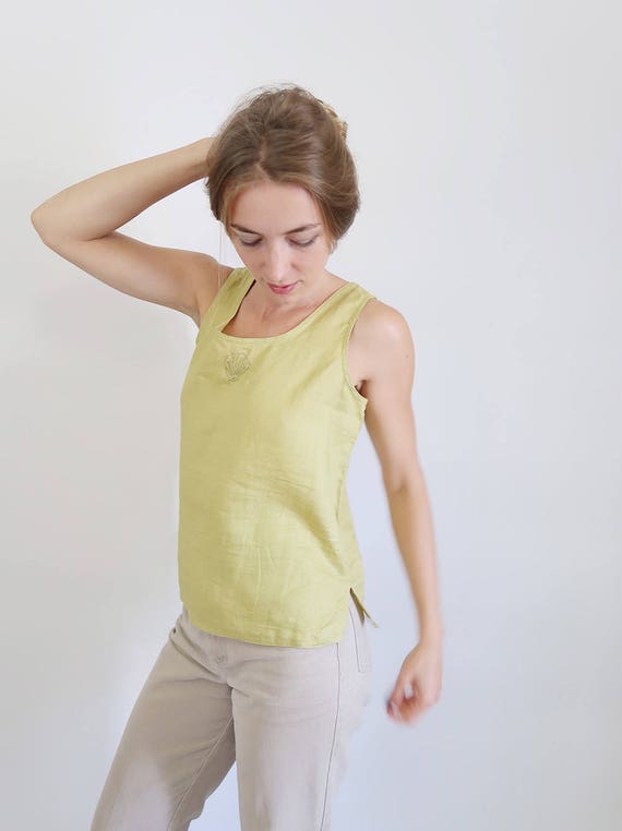 Beautiful Chartreuse Green Linen Tank Top, 90s Ta… - image 3