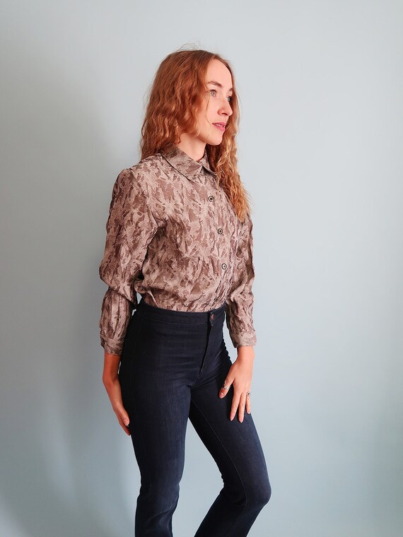 Vintage Pale Grey Patterned Long Sleeve Blouse - image 3