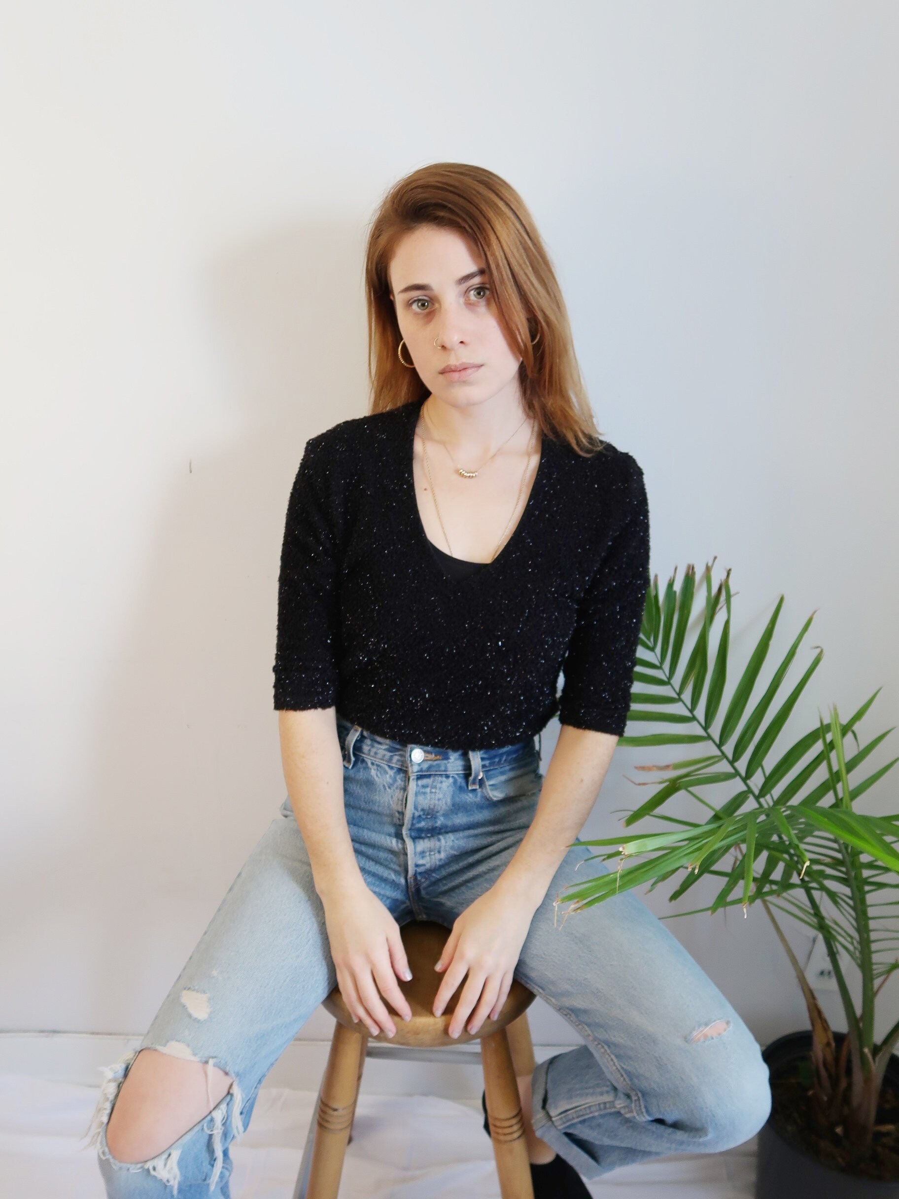 Fuzzy Black Short Sleeve Sweater 