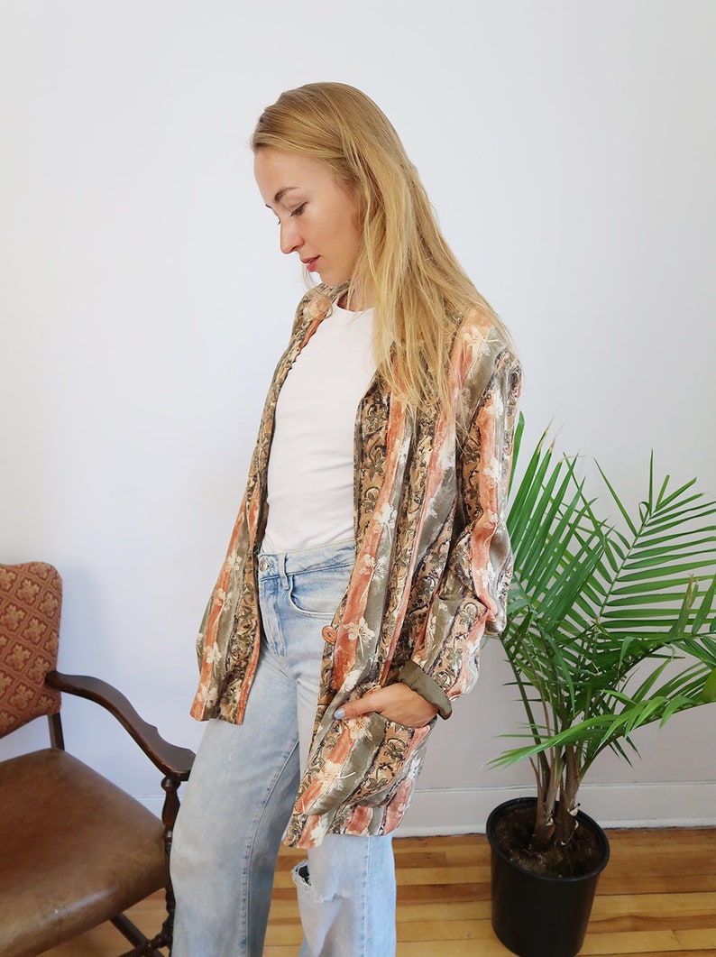 Vintage Green and Rust Orange Lightweight Blazer, 90s Floral Blazer, 90s Fashion, 90s Grunge Clothing image 4