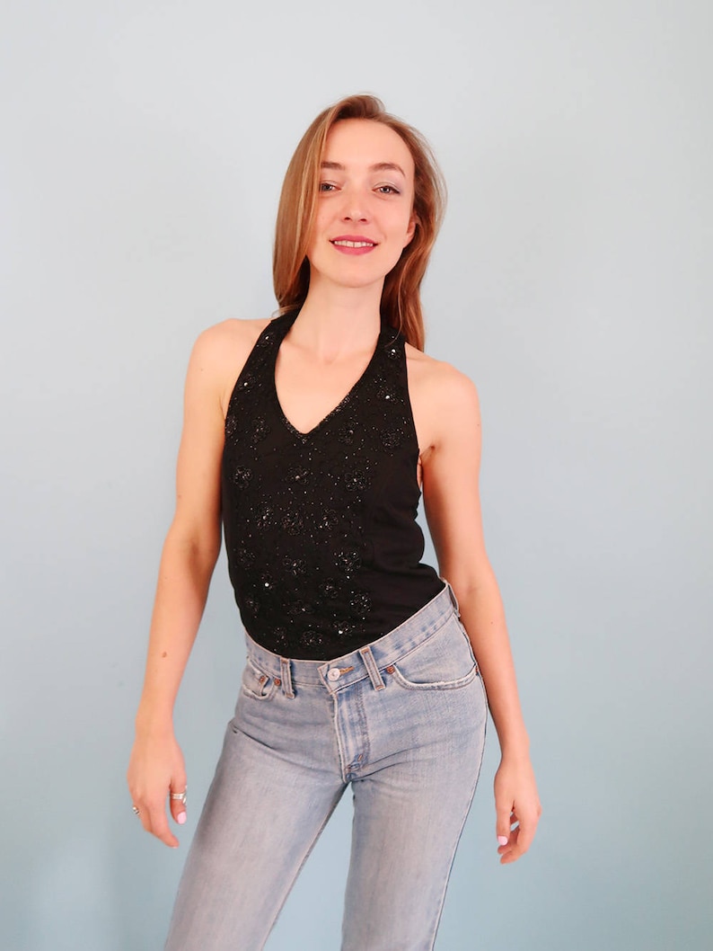 90s Black Mesh Halter Top With Intricate Floral Beading | Etsy