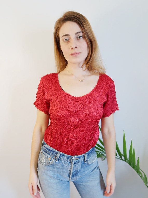 Red Satin Micro Pleat T-Shirt, Pleats Please, 90s… - image 4
