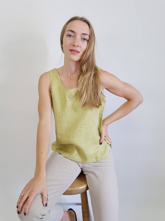 Beautiful Chartreuse Green Linen Tank Top, 90s Ta… - image 8