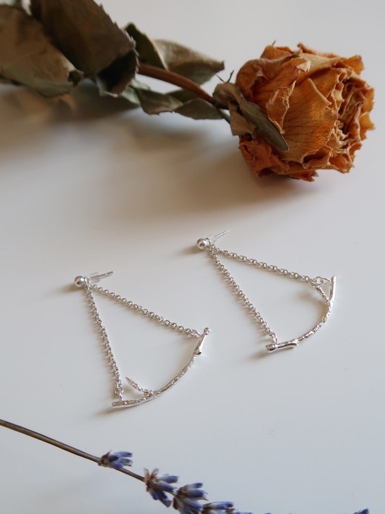 Silver Branch Chandelier Earrings, Twig Earrings, Twig Jewelry, Delicate Chain Earrings image 3